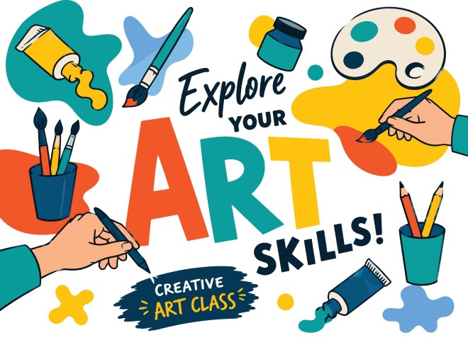 Creative art class tools and supplies composition.
